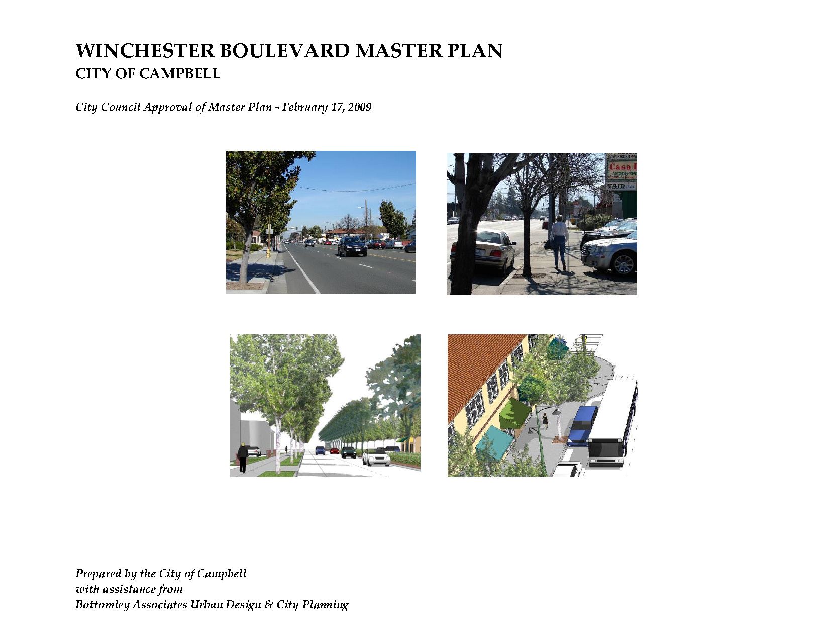 Four photos and digital renderings of the street, cars, trees, and people walking