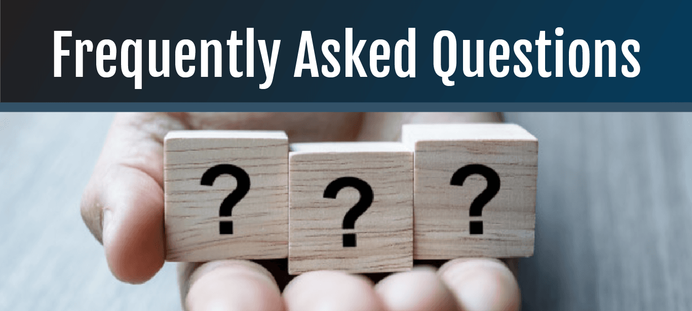 Frequently Asked Questions with an image of a hand holding dice with question marks on each die.