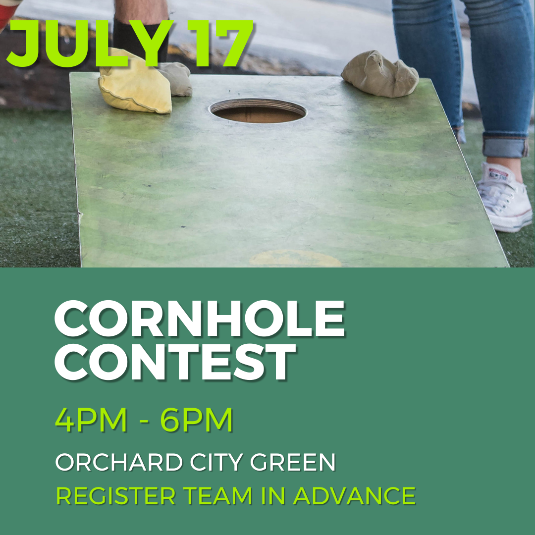July 17 Cornhole contest on the Orchard City Green 4pm to 6pm, image of a cornhole board with bag