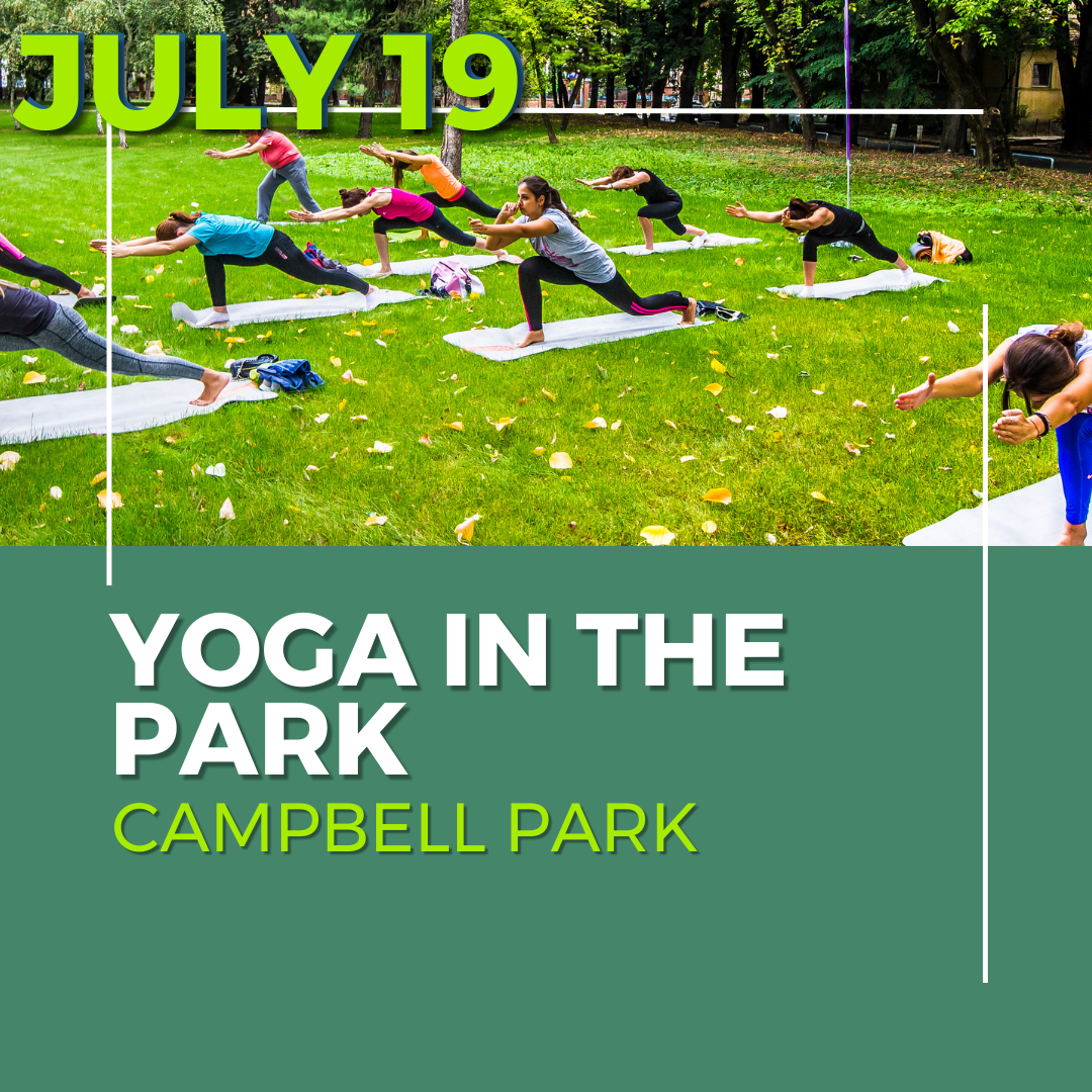 July 19 yoga in the park at Campbell park, photo of people on yoga mats on grass