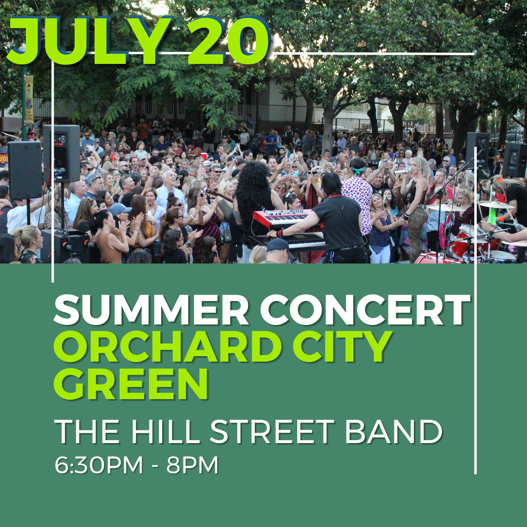 July 20 The Hillstreet Band on the Orchard City Green 6:30-8pm, photo of band and crowd