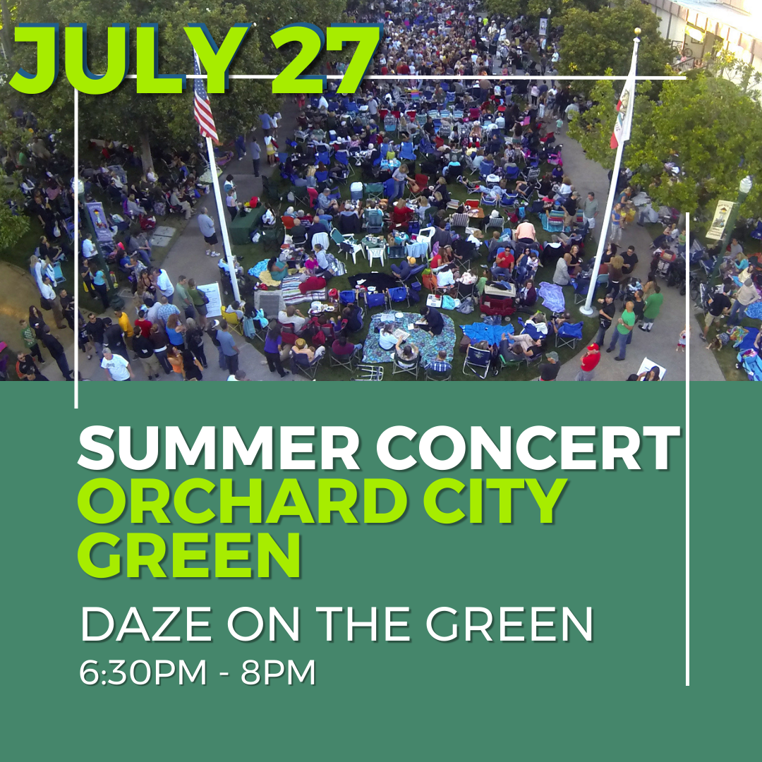 July 27 Daze on the Green Band on the Orchard City Green from 6:30 to 8pm, aerial photo of crowd