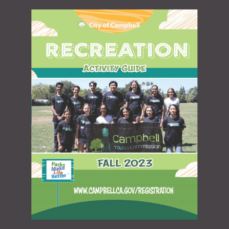 Cover of Fall 2023 Activity Guide - Photo of Youth Commission group holding a banner