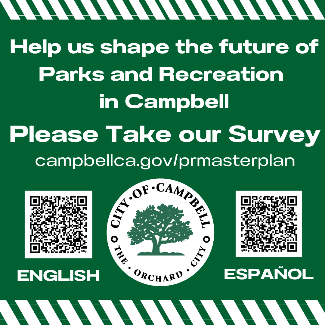 Green box, City logo with text that reads Parks and Recreation Master Plan, Community survey open