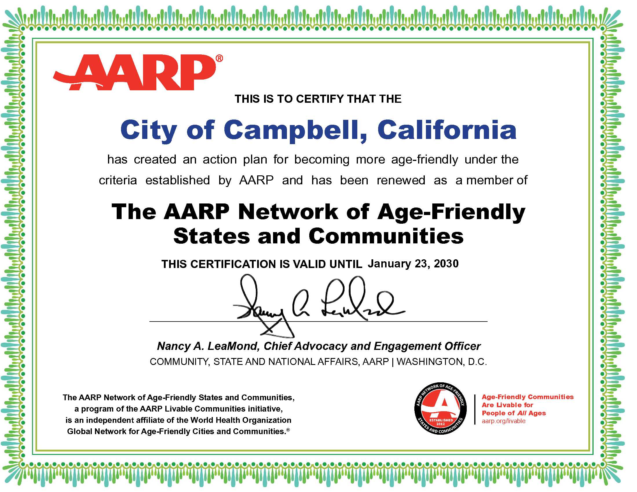 AARP Age-Friendly Certificate Campbell 2025