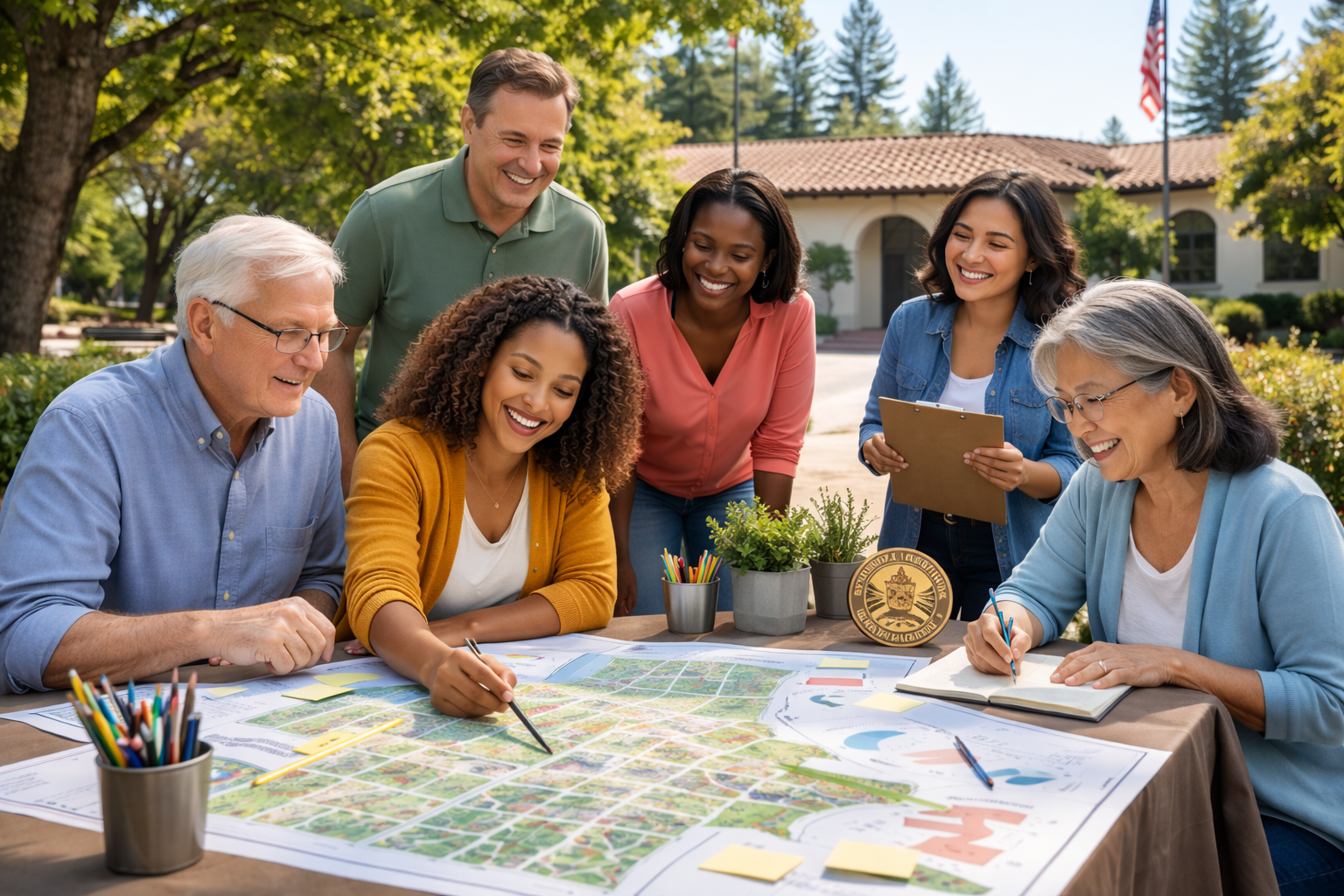 6 people looking at a map on a table outside