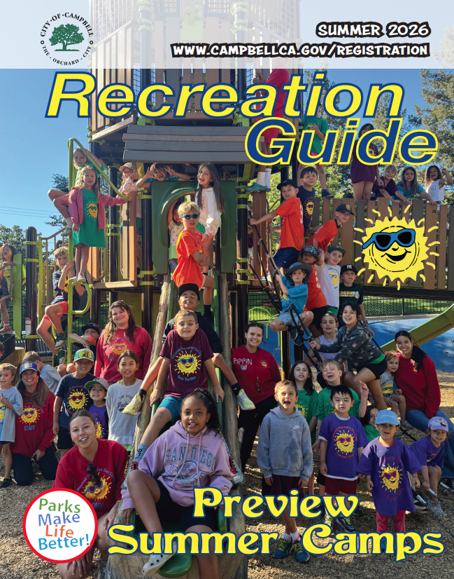 Summer camp participants at a playground. Text that reads Recreation Guide - Summer Preview 2026