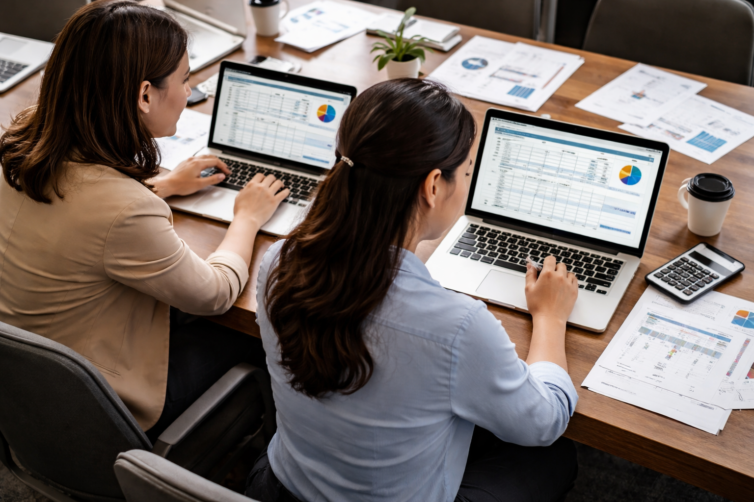Women analyzing spreadsheets at desk