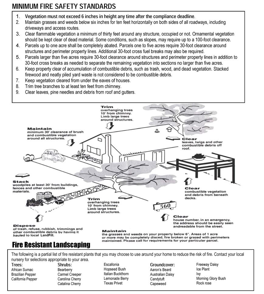Document with illustration of a home and labeled tips and Fire resistant landscaping suggestions
