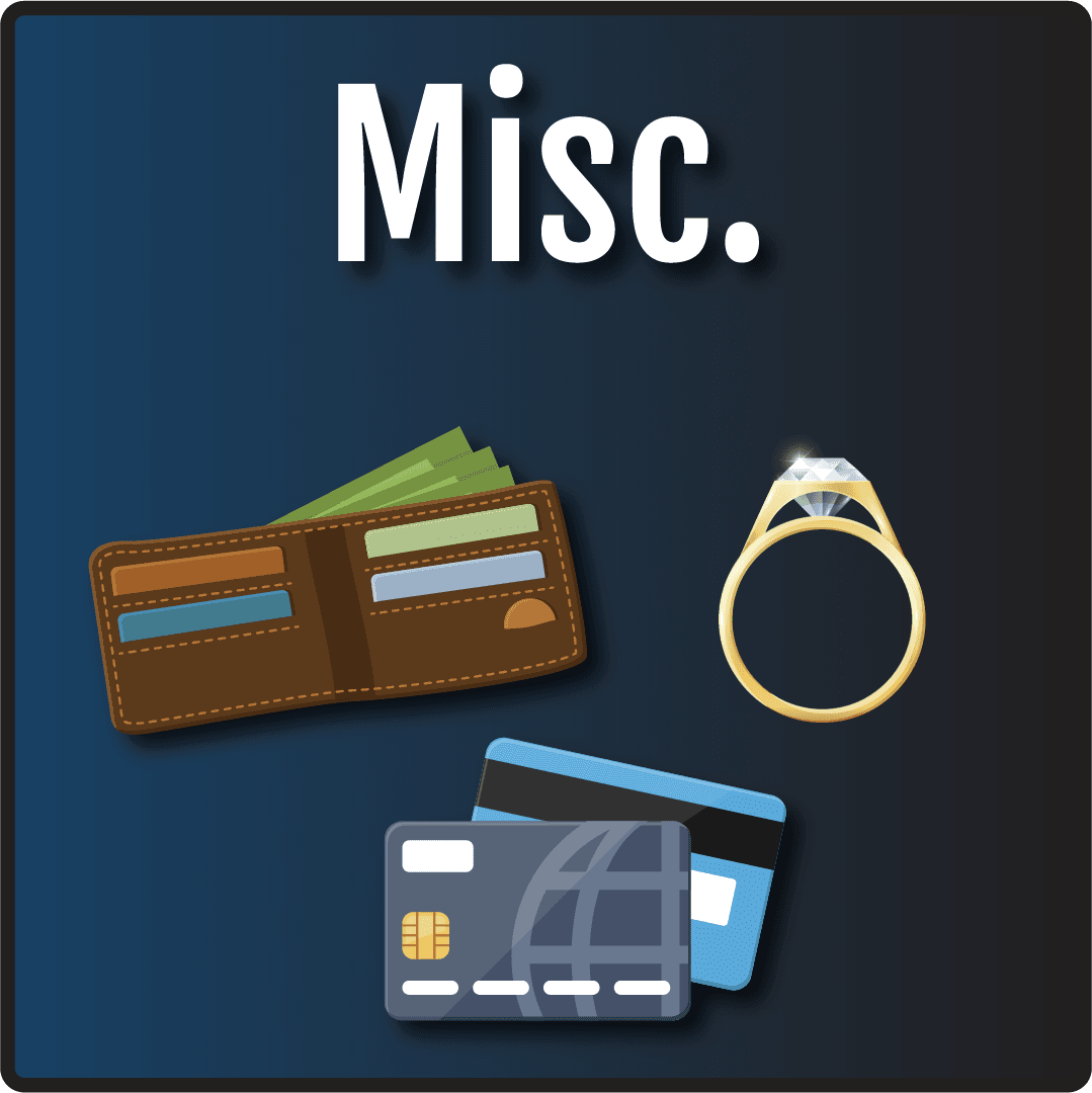 Misc. in text with cartoon images of a wallet, credit cards, and a wedding ring.