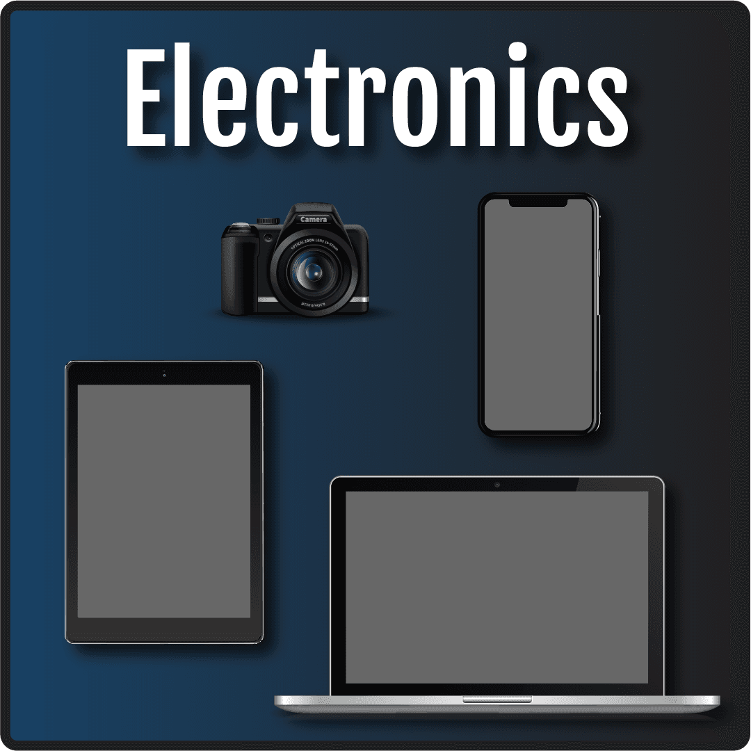Electronics in text with cartoon images of a iPhone, iPad, laptop and camera.