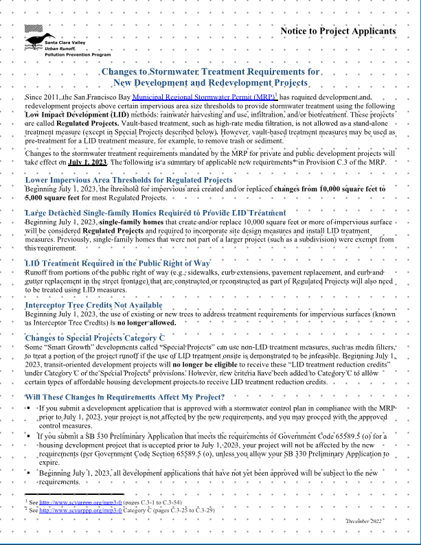 SCVURPPP Notice to Applicants regarding changes to stormwater treatment requirements Opens in new window