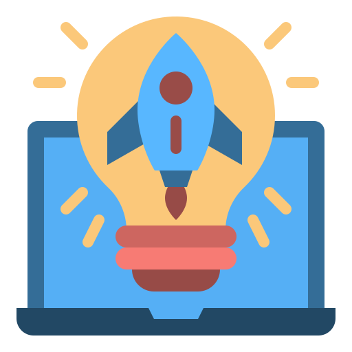 An icon of a rocket ship coming out of a laptop