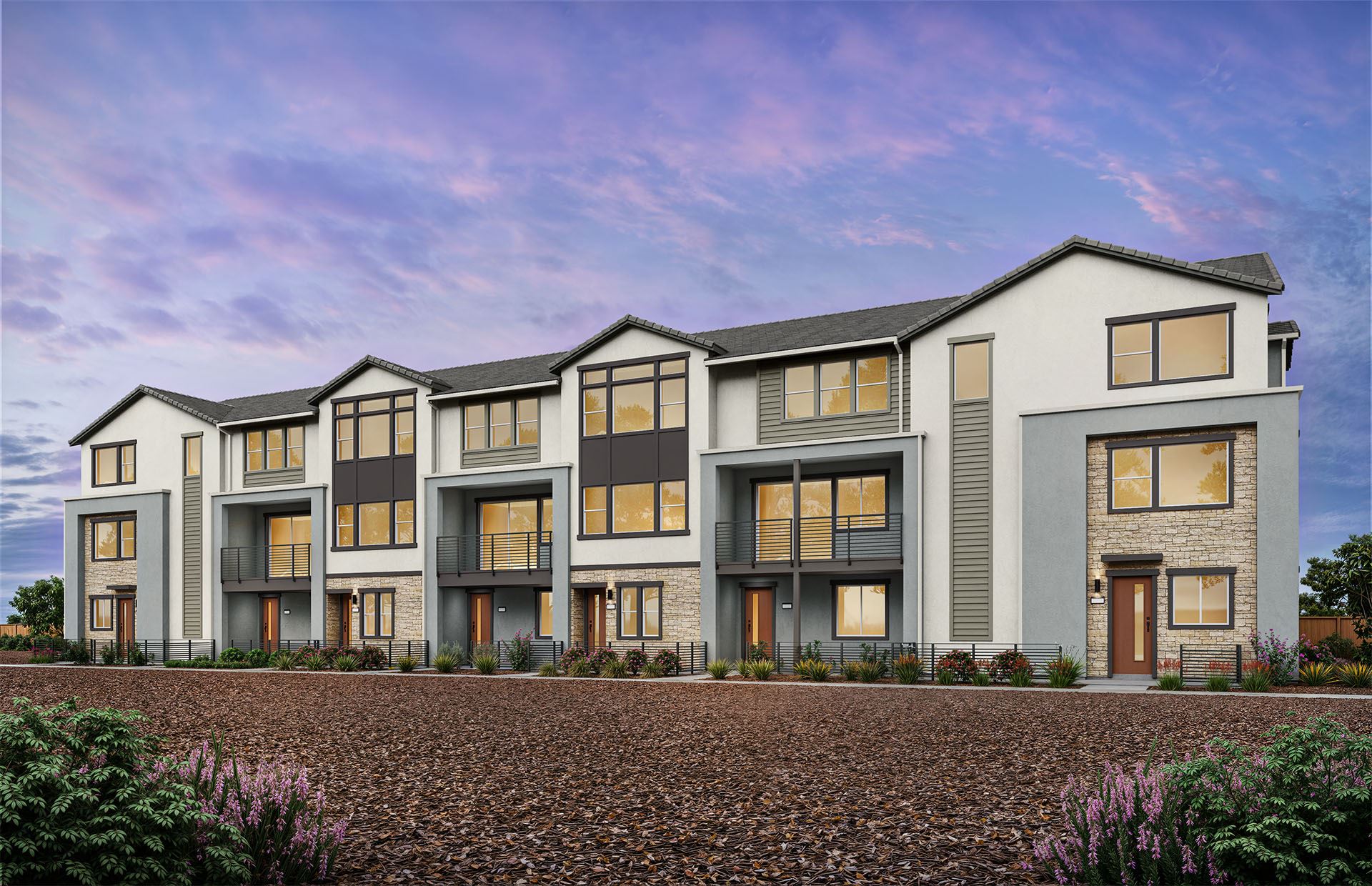 Rendering of townhome building with drought tolerant landscaping
